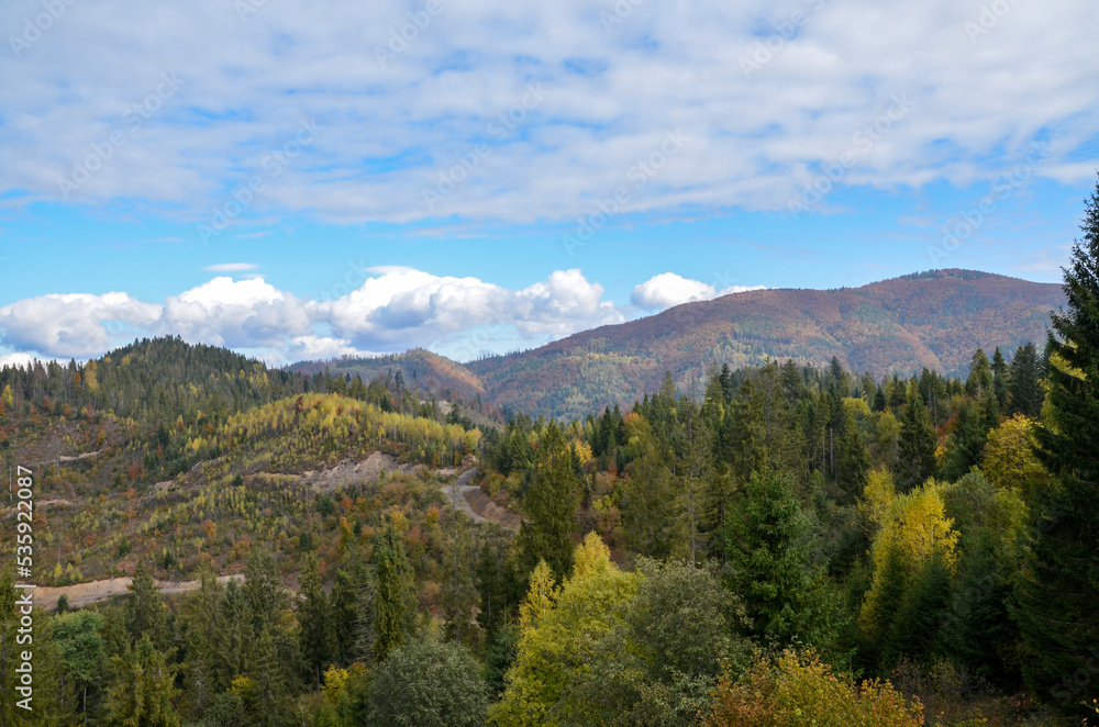 Scenic autumn landscape with trees with colored leaves on the slopes of the mountains. Carpathians, Ukraine
