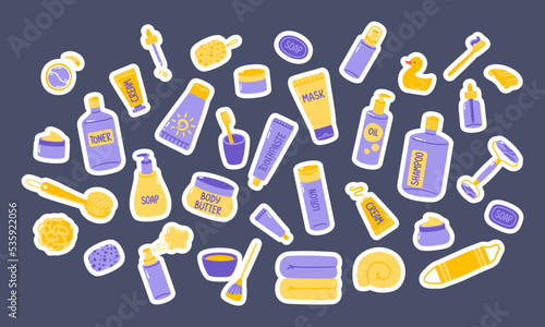 Vector collection of bottles and tubes with cosmetics and skin care products. Set of white border stickers