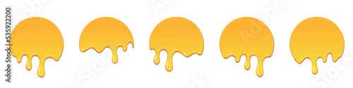 Set of honey drops. Dripping melted honey. Realistic melted honey. Honey drops. Melting honey. Yellow liquid dessert, sweet drip melt. Vector illustration
