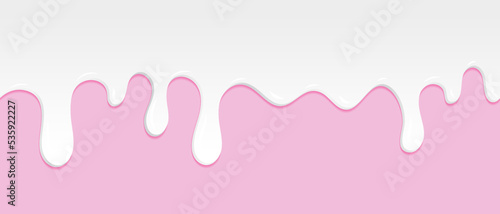 Seamless pattern of milk dripping. Milk or white liquid dripping. Beautiful background. Realistic design. Dessert background with milk. Banner seamless pattern. Vector illustration