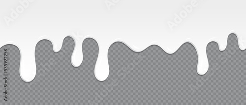 Seamless pattern of milk dripping. Milk or white liquid dripping. Beautiful background. Realistic design. Dessert background with milk. Banner seamless pattern. Vector illustration