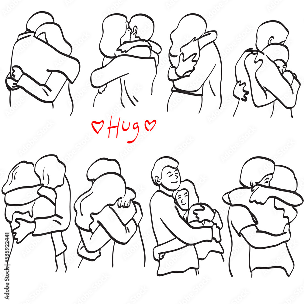 line art set of romantic couple hugging illustration vector hand drawn isolated on white background line art.