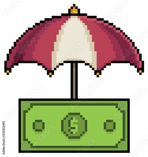 Pixel art umbrella covering money bill, umbrella and banknote vector icon for 8bit game on white background