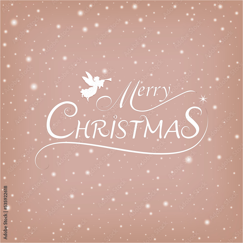 Merry Christmas, xmas, New Year, holidays card. Typographical vector design for greeting cards and poster. White text with snowflakes, stars and an angel on nude background. Vector illustration