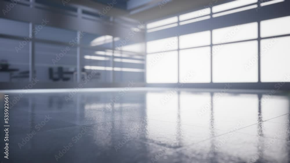 empty office space with large window, glass walls and background at sunrise with open clean room to work. 3D Rendering empty office space with large window, glass walls and background at sunrise with open clean room to work. 3D Rendering