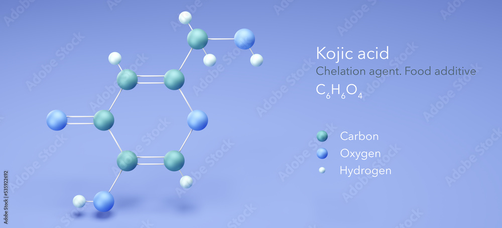 kojic acid, molecular structures, Chelation agent, 3d model, Structural ...