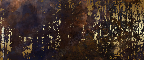 Grunge vector watercolor and gold art background for design interior. Hand drawn illustration for cover design, booklet, postcard, poster, flyers, cards. Watercolour dirty texture backdrop. 