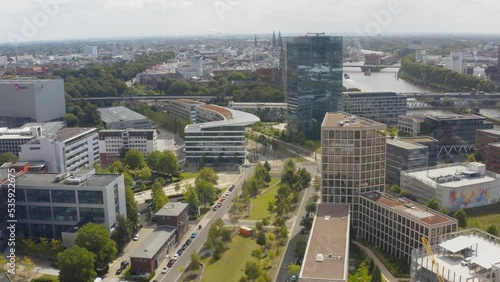 Aerial of Überseestadt new area in Walle in Bremen with skyscrapers and modern business buildings photo