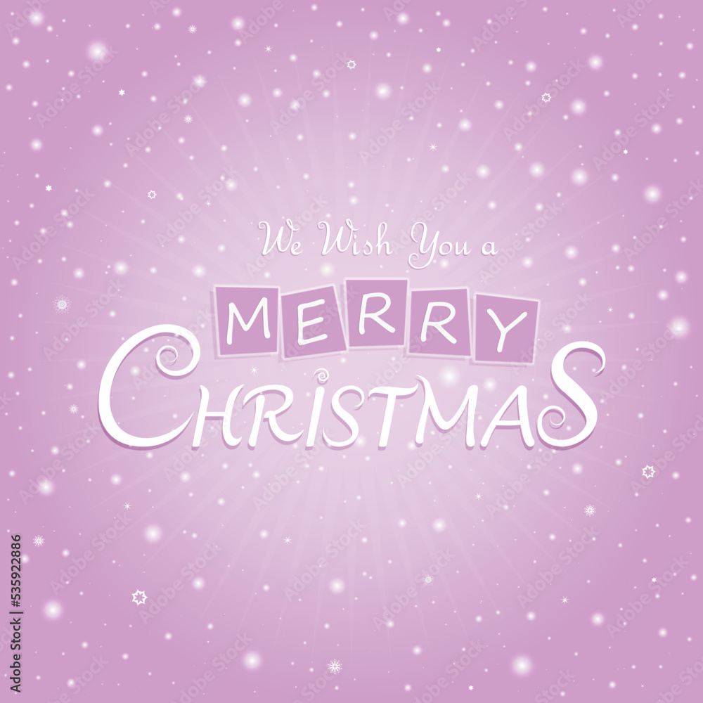 Merry Christmas, xmas, New Year, holidays card. White text with snowflakes and stars on pink background. Vector illustration. Typographical vector design for greeting cards and poster