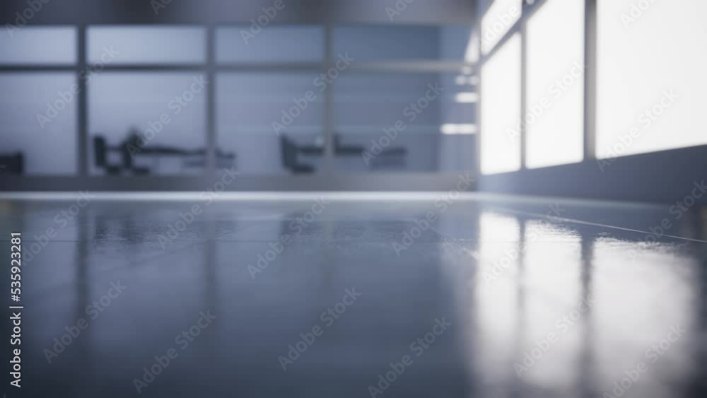 empty office space with large window, glass walls and background at sunrise with open clean room to work. 3D Rendering empty office space with large window, glass walls and background at sunrise with open clean room to work. 3D Rendering