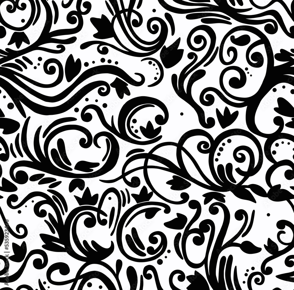 Black and white cartoon pattern on a white background, abstract design, seamless background. Black and white cartoon pattern on a white background, abstract design, seamless background.