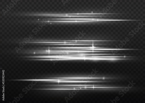 Particle motion effect. Magic of moving fast lines. White special effect, speed line. Laser beams, horizontal silver light rays. Beautiful glow light flare and spark dust. Vector illustration.