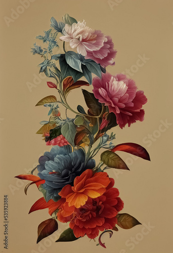 Illustration of a rococo bouquet of flowers. Created with generative ai technology