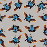 Colorful unusual blue bumblebee background, seamless unusual pattern, nature concept, many blue bee, entomology insects
