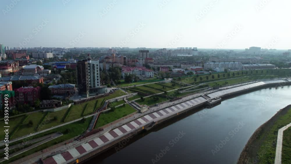 Tyumen, Russia - July 25 2022: City and river Tyumen, Russia - July 25 2022: City and river
