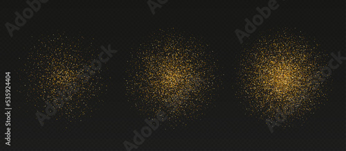 Golden glitter piles, shiny star dust, luxury shimmery particles in round shape with various density. Vector illustration.
