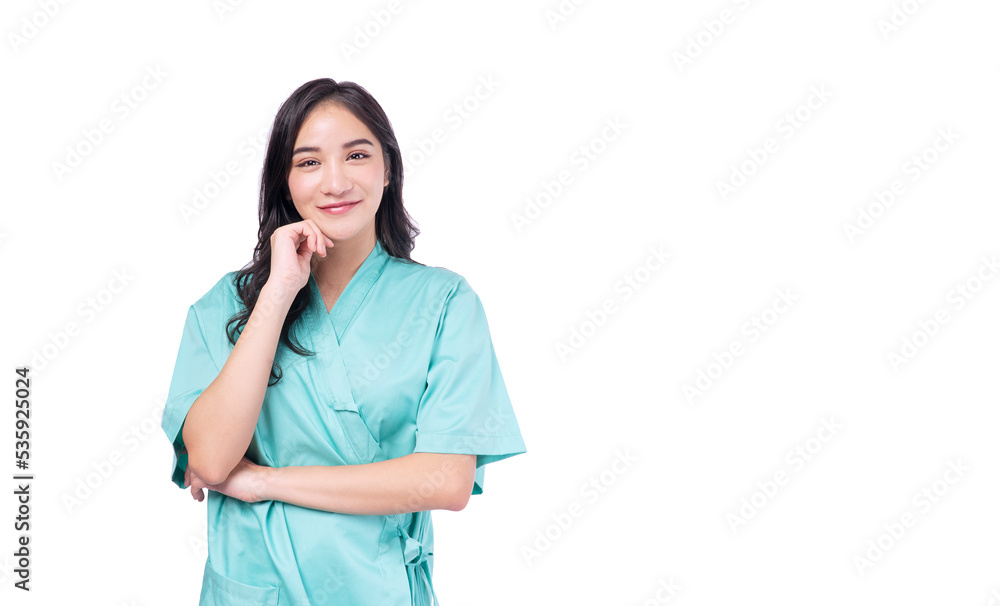 Thoughtful asian woman wear green patient holding hand under chin thinking something on white background.Happy sick people expenses protection safe health care with insurance health over isolated Thoughtful asian woman wear green patient holding hand under chin thinking something on white background.Happy sick people expenses protection safe health care with insurance health over isolated