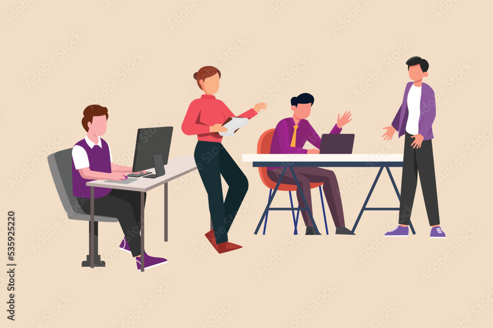 Male and female brainstorming on working session in friendly collaborating in office. Coworking concept. Flat vector illustrations isolated. 