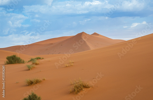 Desert landscape. Merzouga desert  the door to Sahara  in Morocco.  Desert dunes. Africa landscape background. Travels backgrounds.