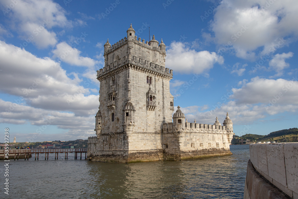 side view of the belem tower on the river tagus in lisbon
