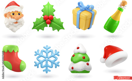 Christmas icons set. Santa Claus, holly, gift box, bottle, sock, snowflake, christmas tree, santa hat. 3d vector objects