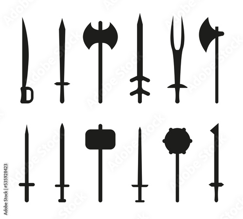 Weapon ancient black silhouette flat icon set. Sword medieval sample. War ax and mace collection. Long handle hatchet. Antique military design. Sharp blade ancient. Old simple sign