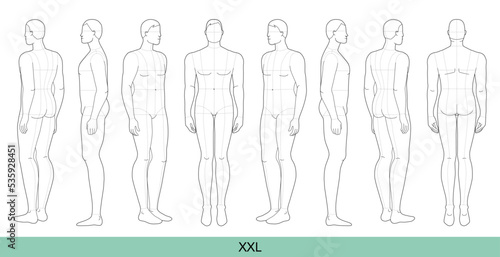 Set of XXL Size Men Fashion template 9 nine head size with main line Croquis extra large plus size Gentlemen model Curvy body figure front, side, 3-4, back view. Vector boy for technical drawing