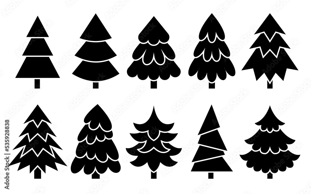 Obraz premium Christmas tree black glyph icon set. New Year traditional party decoration sign. Merry xmas silhouette symbol. Winter holiday pine forest, fir, spruise flat silhouette for stencil stamp laser cutting