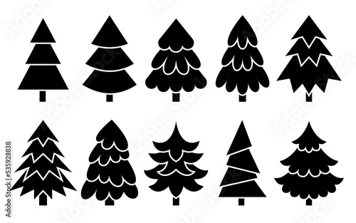 Christmas tree black glyph icon set. New Year traditional party decoration sign. Merry xmas silhouette symbol. Winter holiday pine forest, fir, spruise flat silhouette for stencil stamp laser cutting