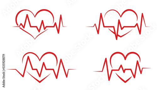 Heart red pulse flat icon set. Heartbeat life cardiogram isolated sign. Health care medical symbol. Frequency cardiograph pictogram. Cardiac frequency hospital care. Rhythm graphic electrocardiogram
