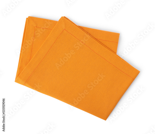 New clean orange cloth napkin isolated on white, top view