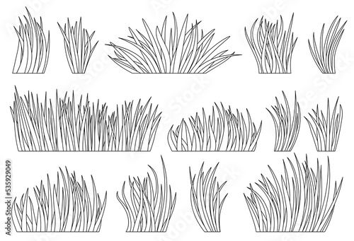 Grass natural organic lawn outline set. Coloring book page summer herb meadow. Eco plant fresh separate bush. Different shape linear herbal turf. Greenery leaves line icon. Foliage landscape border