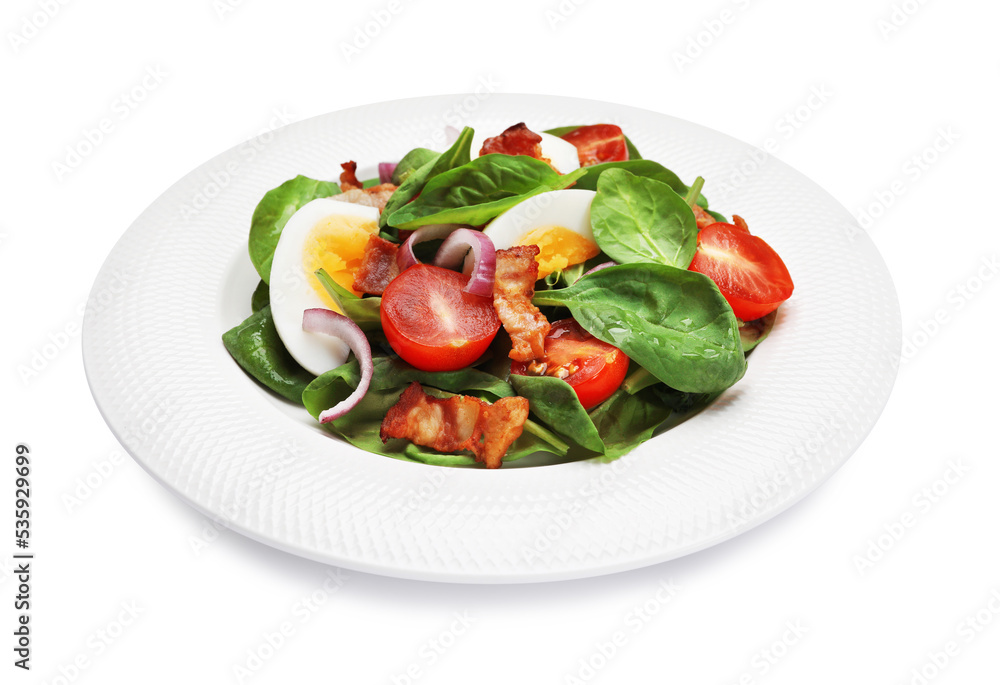 Delicious salad with boiled egg, bacon and vegetables isolated on white Delicious salad with boiled egg, bacon and vegetables isolated on white