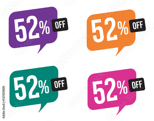 52 percent discount. purple, orange, green and pink balloons for promotions and offers. Vector Illustration on white background.