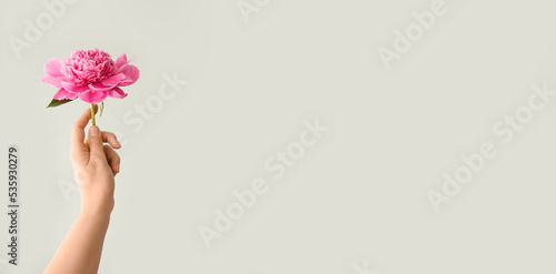 Fototapeta Naklejka Na Ścianę i Meble -  Female hand holding beautiful peony flower on light background with space for text