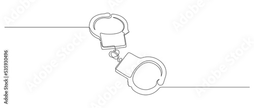 Handcuffs in one continuous line drawing. Symbol of police justice and jail prison concepr in simple linear style. True crime banner with thin editable stroke. Doodle vector illustration