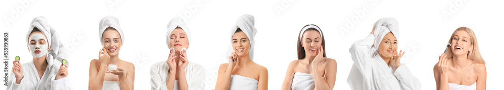 Collage of women after bathroom on white background Collage of women after bathroom on white background