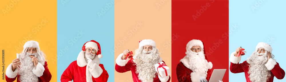 Set of different Santa Clauses on color background Set of different Santa Clauses on color background