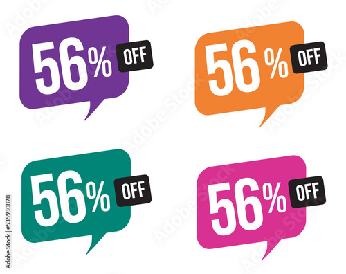 56 percent discount. purple, orange, green and pink balloons for promotions and offers. Vector Illustration on white background.