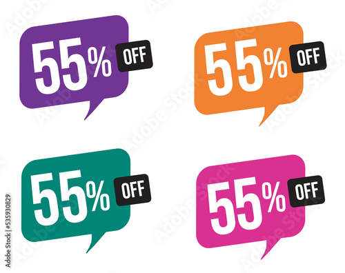 55 percent discount. purple, orange, green and pink balloons for promotions and offers. Vector Illustration on white background.