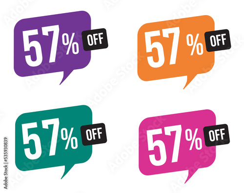 57 percent discount. purple, orange, green and pink balloons for promotions and offers. Vector Illustration on white background.