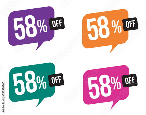 58 percent discount. purple, orange, green and pink balloons for promotions and offers. Vector Illustration on white background.