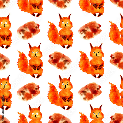 Watercolor illustration of a pattern of an orange squirrel in the form of a blot. watercolor stains. It s perfect for postcards  posters  banners  invitations  greeting cards  prints. isolated