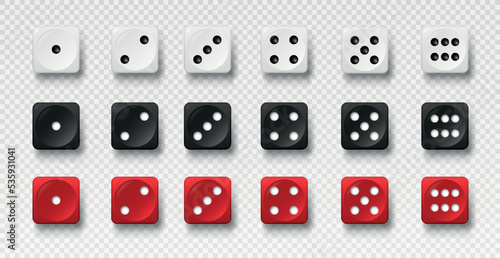 3D dice set. Collection of inventory for lotteries and gambling. Multicolored cubes with numbers on copy space. Realistic three dimension vector illustrations isolated on transparent background