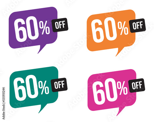 60 percent discount. purple, orange, green and pink balloons for promotions and offers. Vector Illustration on white background