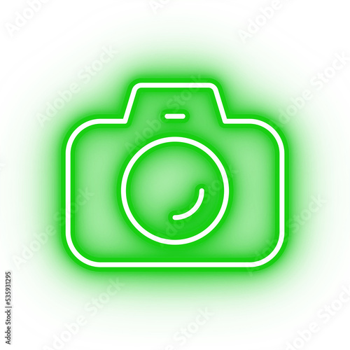 Neon green camera icon, glowing photo icon on transparent background