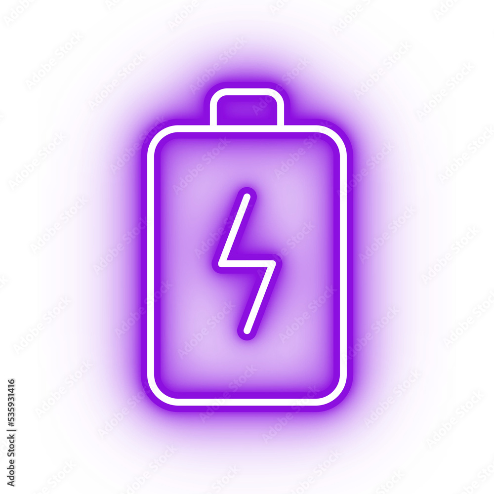 Neon purple battery icon, glowing battery cell icon on transparent background Neon purple battery icon, glowing battery cell icon on transparent background