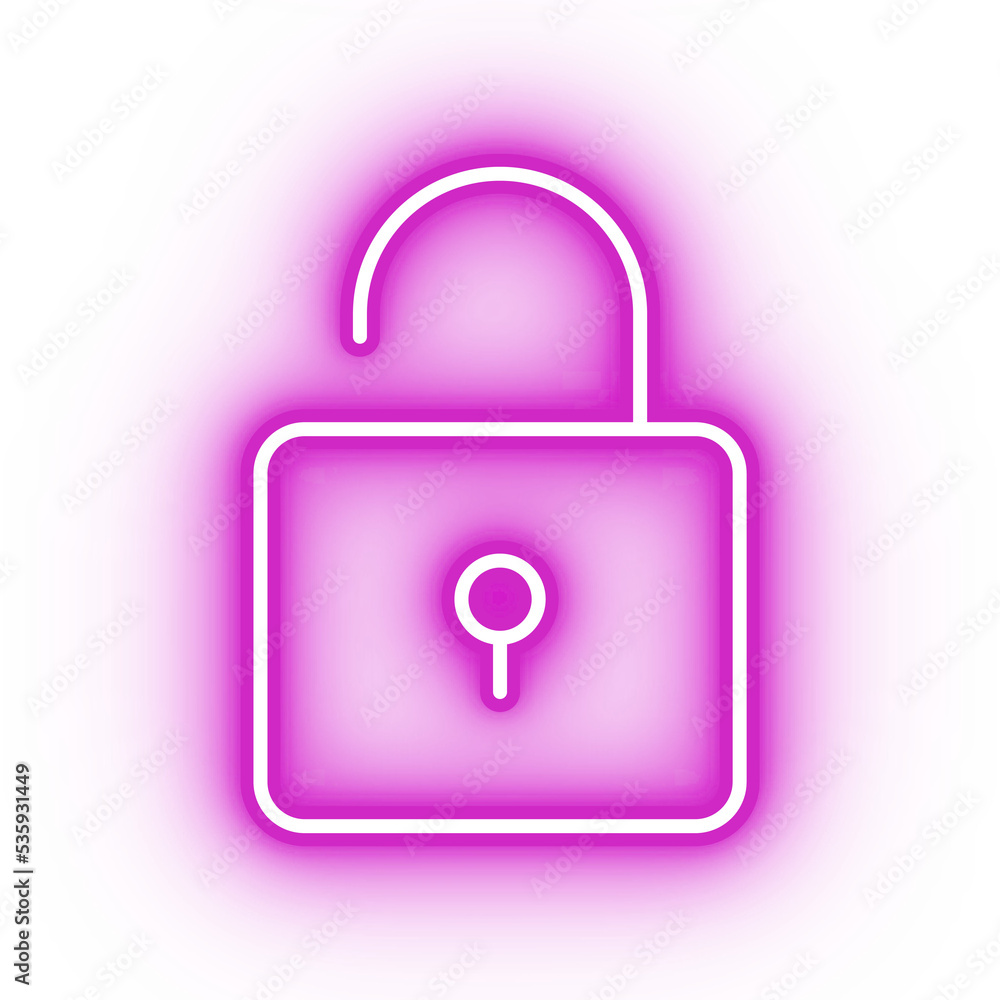 Neon pink lock icon, glowing open lock icon on transparent background Neon pink lock icon, glowing open lock icon on transparent background