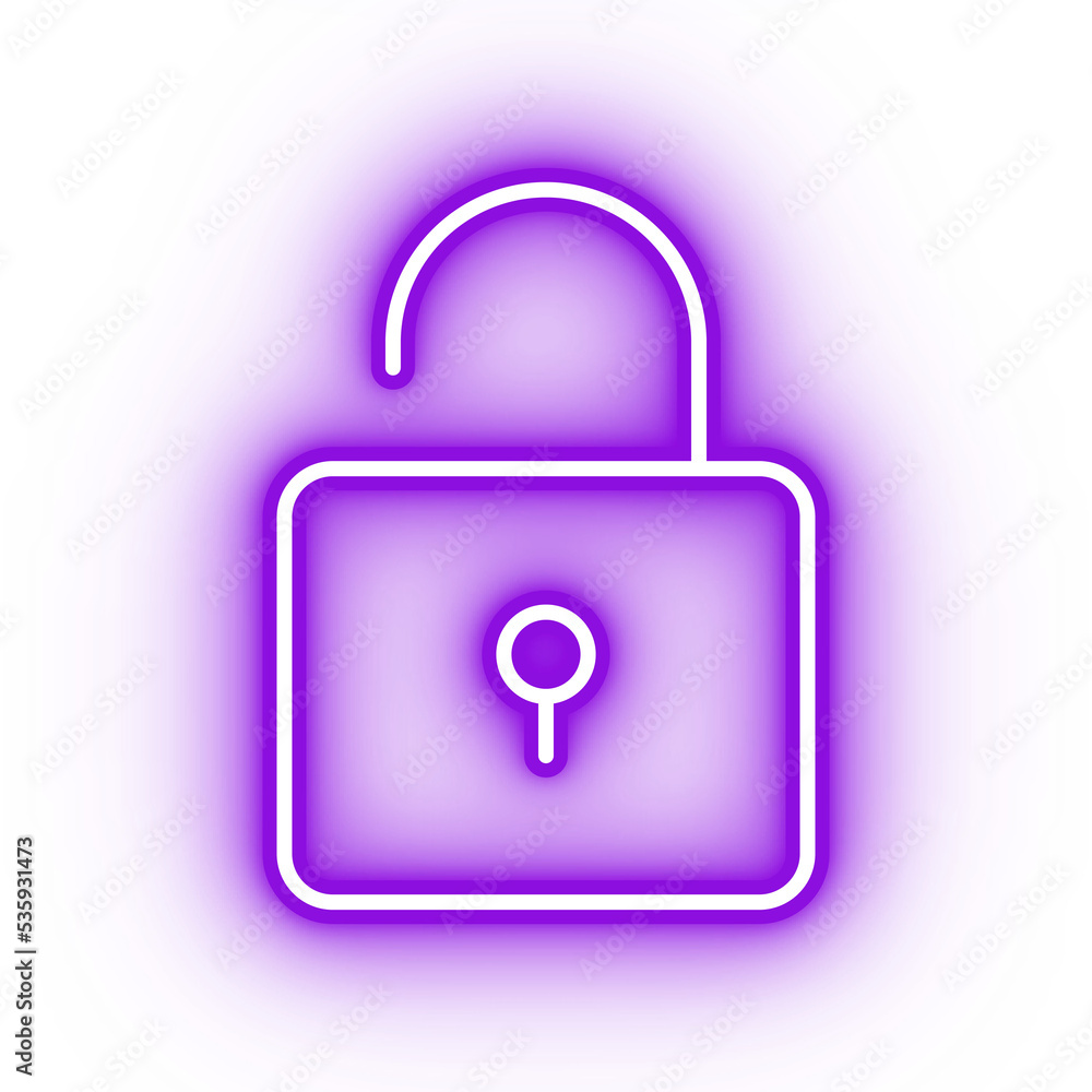 Neon purple lock icon, glowing open lock icon on transparent background Neon purple lock icon, glowing open lock icon on transparent background