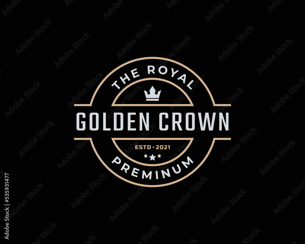 Golden King Crown Royal Vintage Retro Classic Luxury Label Logo Design Linear Style